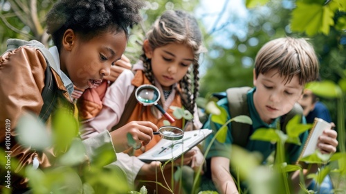 Diverse group of school children with teacher on field trip in nature exploring with magnifying glasses and notepads in hand, Learning science concept.