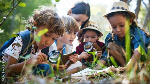 Diverse group of school children with teacher on field trip in nature exploring with magnifying glasses and notepads in hand, Learning science concept. © Oulaphone
