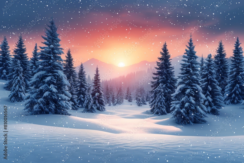A serene evening where freshly fallen snow blankets a dense forest under a mystical starry sky A serene evening where freshly fallen snow blankets a dense forest under a mystical starry sky