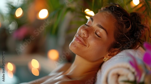 A woman is laying on a towel in a bathtub with lights on in the background