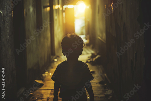 The back of a child, walking away into a dimly lit corridor, portraying the journey through hardship and the search for light  photo