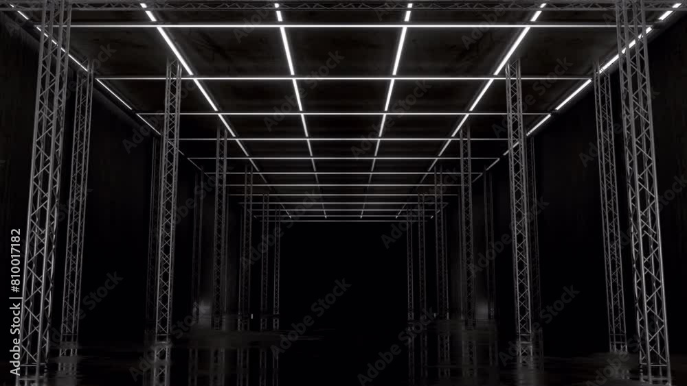 Impressive 3D hall made of truss metals and neon lights, dynamic chasing light, Seamless VJ Loop