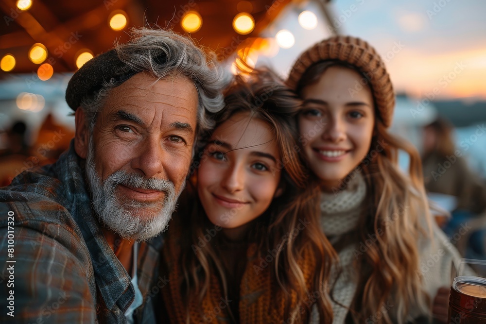 A cheerful multi-generational family posing with joy during the glowing golden hour