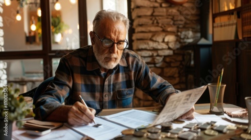 An elderly gentleman concentrating on budgeting, seated at a wooden table with papers and coins.