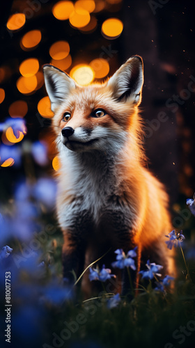 Close-up portrait of a red fox in a night forest. Captivating image of a red fox, illuminated by moonlight, in a dense forest at night. The fox's alertness and curiosity, with its ears perked up © annzabella