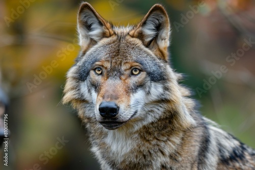 Portrait of grey wolf (Canis lupus) in autumn forest