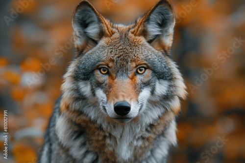 Close-up portrait of a wolf in the autumn forest,  Wild animal © Nguyen