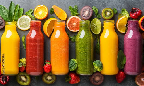 Smoothies.Colorful smoothies.Flat colorful smoothies in bottles with fresh tropical fruits and vegetables on a concrete background  top view.Copy space.Healthy eating  vegan detox  diet