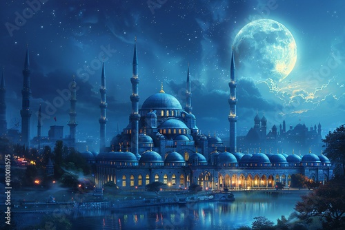 Blue mosque and full moon in the sky,  Ramadan Kareem photo