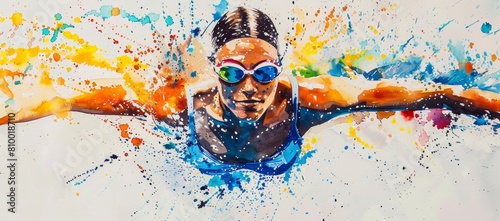 Panel kuchenny z motywem watercolor painting of a female swimmer in the style of splash art against a white background with a splash effect and bright colors Generative AI