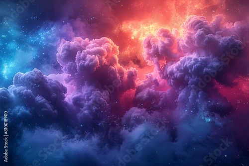 A visually stunning digital artwork with an ethereal blend of nebula clouds varying from deep purples to fiery reds