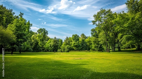 beautiful park with a meadow and trees in the background on a sunrise