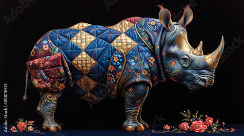 rhinoceros in the art style of bold colors and quilted patterns, whimsical designs © Dmitriy