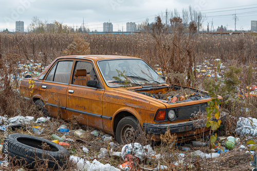 an abandoned car in a junkyard