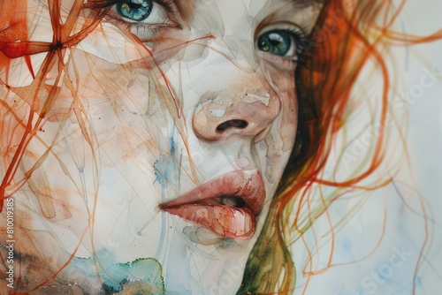 Fototapeta Naklejka Na Ścianę i Meble -  A beautiful painting of a woman with vibrant red hair. Perfect for art lovers or beauty enthusiasts