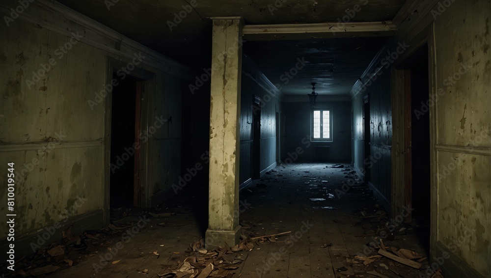 A dark, empty hallway with old doors and a small window. Walls are faded and dirty. A dark, empty hallway with old doors and a small window. Walls are faded and dirty.