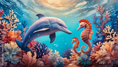 Write about the friendship between a playful dolphin and a shy seahorse in a bustling coral reef.poisson, mer, dessin animé, animal, océan, dauphin, eau photo