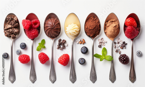 Fresh berries with frozen yogurt in spoons on wooden background. Creamy vanilla frozen yogurt with berries and fruits. creamy ice yoghurt. Copy space. Place for text