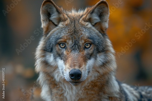 Portrait of a wolf in the autumn forest  close-up