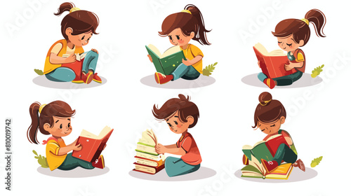 Kid Girl Reading A Book vector set Vector style