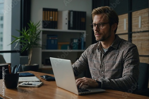 A man in a casual outfit works on a laptop in his office