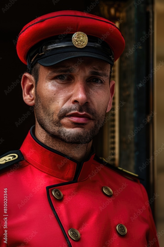 A man in a red uniform standing in front of a building. Suitable for business or construction concepts A man in a red uniform standing in front of a building. Suitable for business or construction concepts