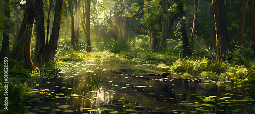 A late summer's day in a deciduous forest, showcasing a tranquil stream lined with lush, green vegetation and dappled sunlight creating patterns on the water's surface