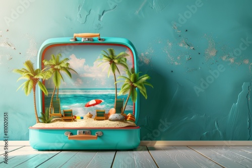 Bright travel suitcase with paradise world inside - sea beach, palm trees and blue sky