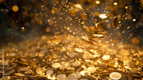 A stack of gold coins cascading from the sky, symbolizing a sudden financial windfall or abundance. © Prostock-studio