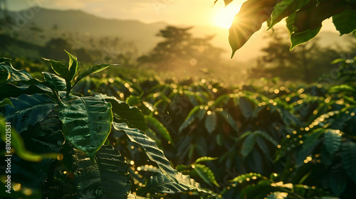 A lush coffee plantation at sunrise, dew still glistening on the dark green leaves, with a gentle mist rising in the background photo