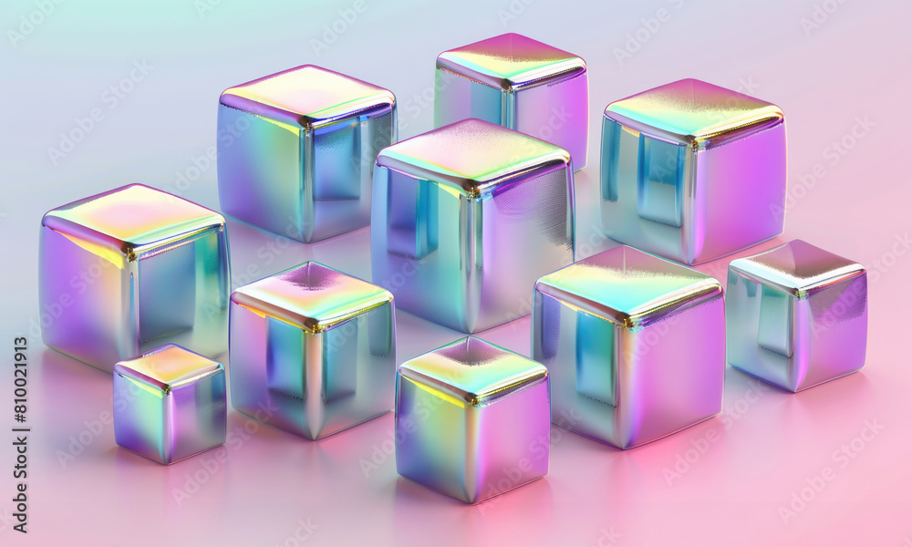 A group of iridescent cubes of various sizes sit on a reflective surface, reflecting the colors of the rainbow.