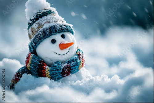 Cute snowman in a hat and knitted scarf Winter background © Ideenkoch