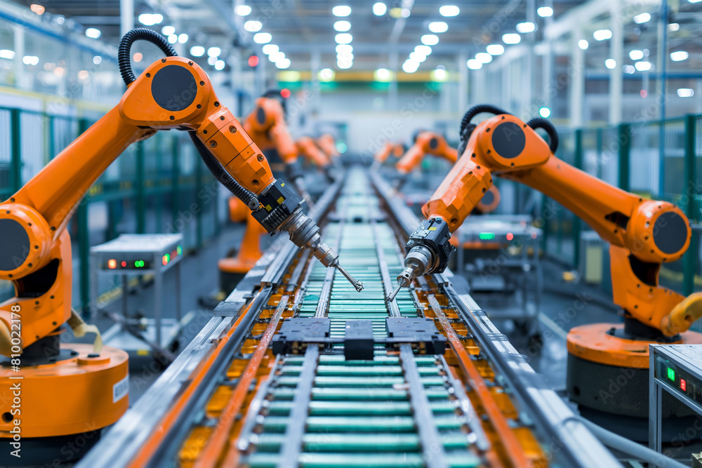 orange robotic arms working on a conveyor belt, factory environment, industrial automation. robotics in manufacturing, minimizing human intervention in production lines. orange robotic arms working on a conveyor belt, factory environment, industrial automation. robotics in manufacturing, minimizing human intervention in production lines.