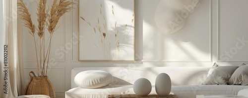 abstract minimalist art print with fluid shapes on a white wall, accompanied by a white pillow and a brown wicker basket photo