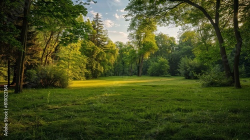 beautiful park with a meadow and wooded area at sunrise in high resolution and high quality