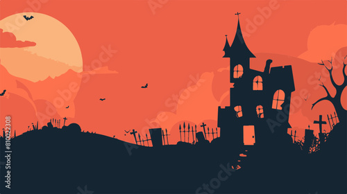 Spooky haunted house silhouette against an orange sky with full moon and flying bats
