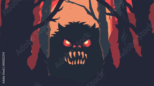 Scary creature in the woods with glowing red eyes under a red and black sky