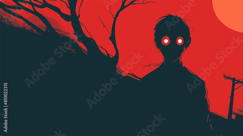 Silhouette of a mysterious figure with glowing red eyes against a red moonlit night