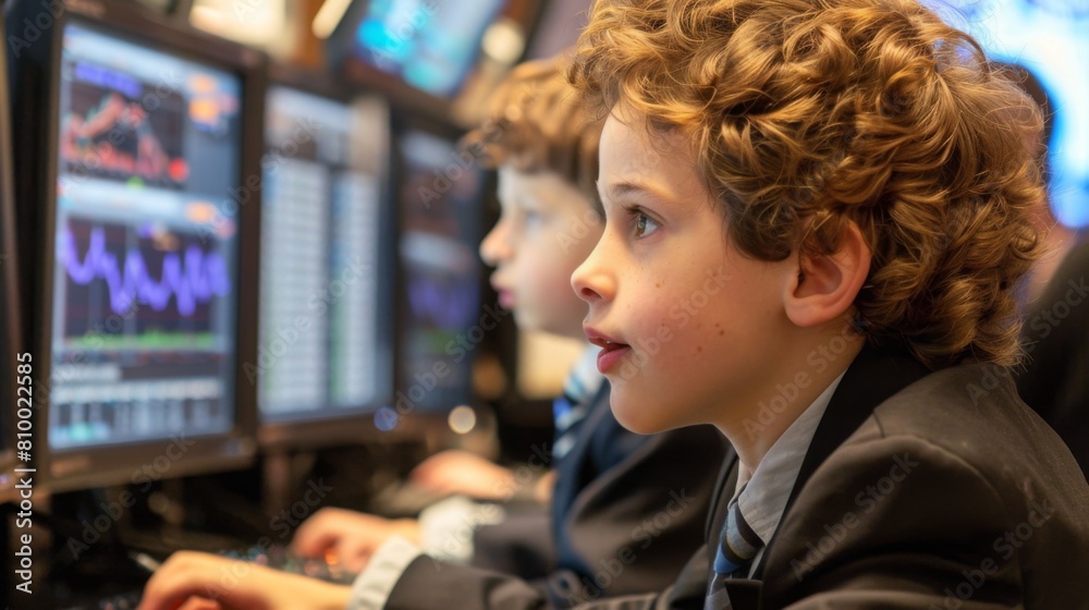 A young boy sitting in front of a computer monitor, absorbed in activities on the screen. A young boy sitting in front of a computer monitor, absorbed in activities on the screen.
