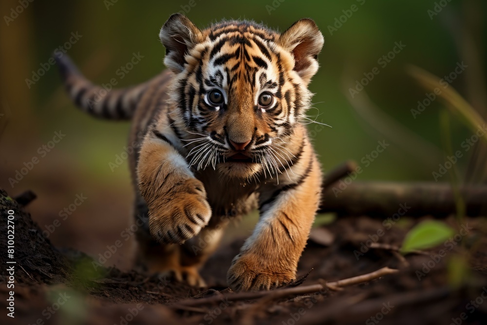 Obraz premium Tiger cub playing. Safari wild eyes. Generate Ai