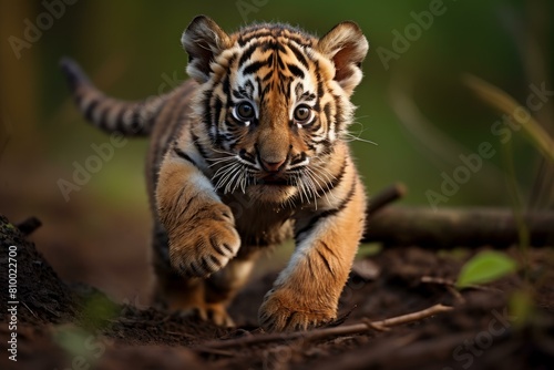 Tiger cub playing. Safari wild eyes. Generate Ai photo