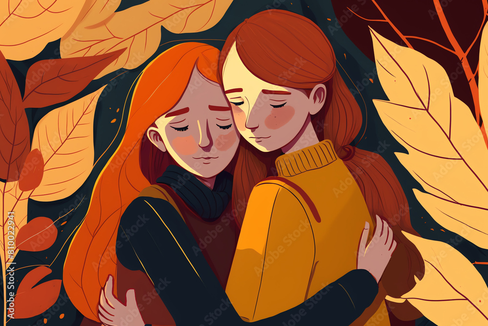 Young girls friendship. Two females embracing each other in watercolor art. Sisterly love
