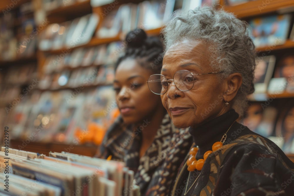 custom made wallpaper toronto digitalTwo elderly women with glasses explore a library, sharing a moment of intellectual connection and learning.