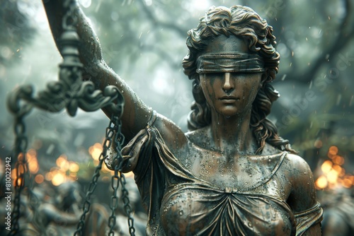 The iconic statue of Lady Justice stands in the rain  symbolizing justice and fairness amidst adversity.
