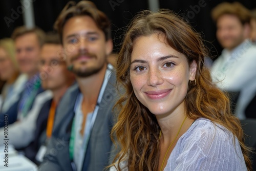 Smiling woman attending a conference, focused and engaged, representing active participation and enthusiasm in a professional setting.