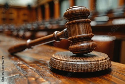 A close-up of a classic wooden gavel in a courtroom, sharply focused with blurred rows of seats in the background, symbolizing law and order.