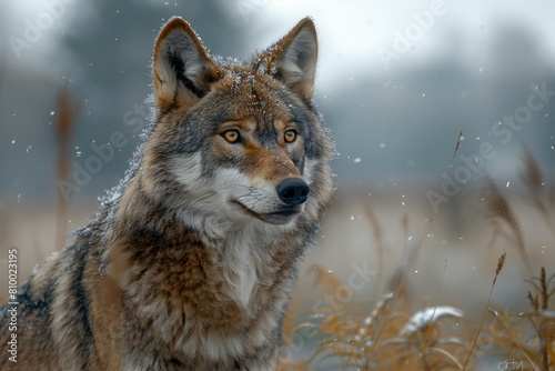 Close-up portrait of a wolf in the snowy meadow