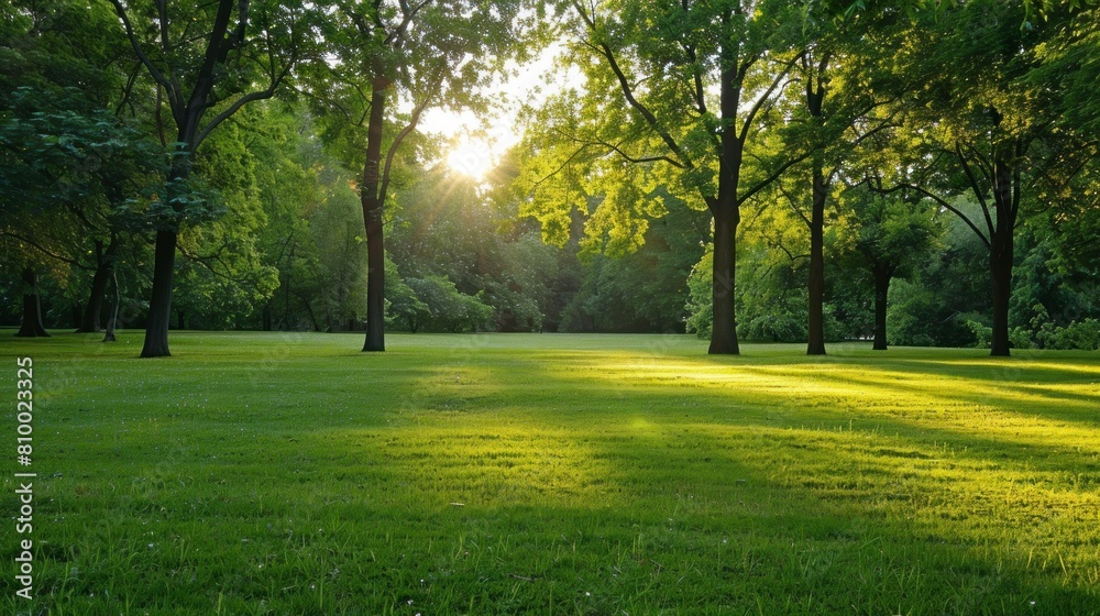 beautiful park with a meadow and wooded area in a sunrise