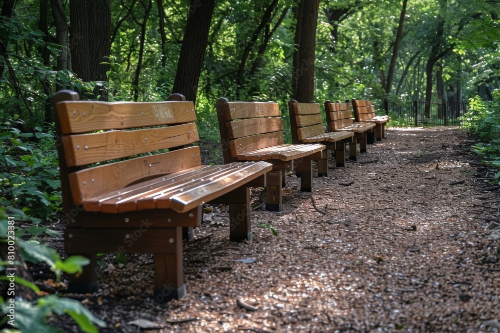 A peaceful scene of wooden benches lined up along a gravel path in a lush green forest, inviting relaxation. A peaceful scene of wooden benches lined up along a gravel path in a lush green forest, inviting relaxation.
