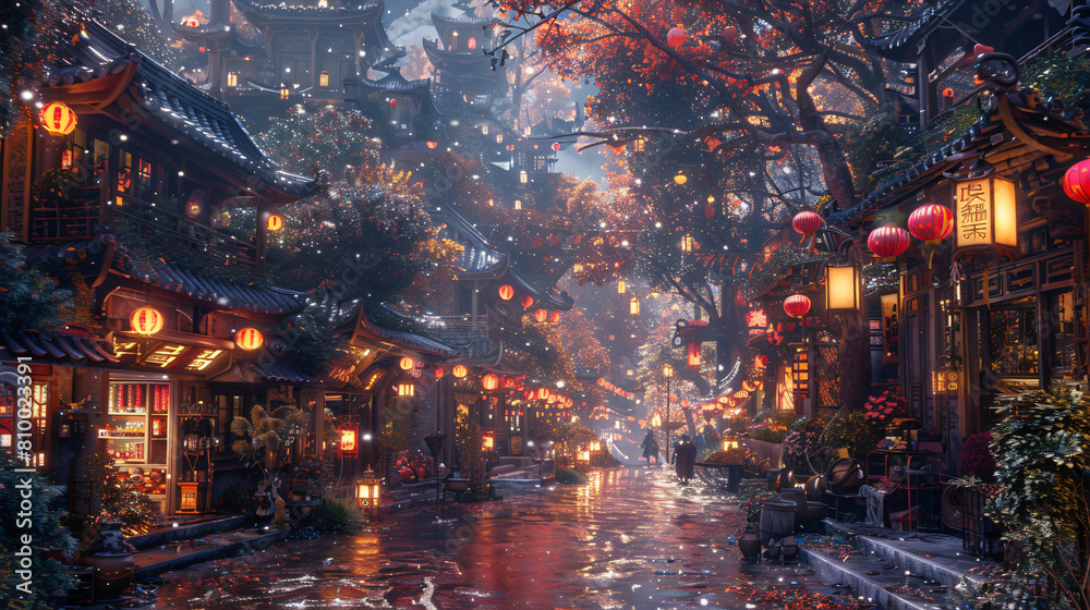 Obraz premium A bustling marketplace in a bustling faerie city, where winged creatures barter for enchanted goods amidst sparkling lanterns and whimsical architecture